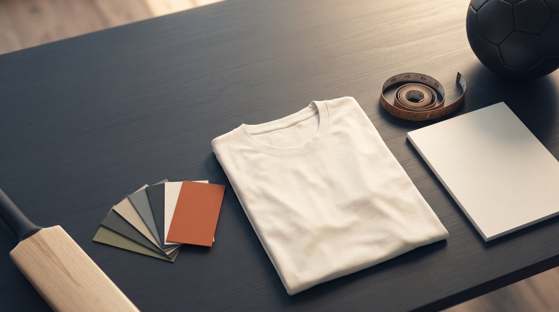 Overhead custom team kit design flat lay with blank jersey and fabric swatches, REV Store