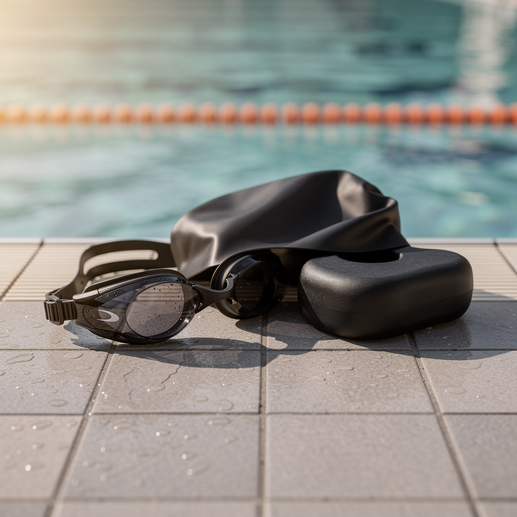 Swim goggles, silicone cap and pull buoy at the pool edge — REV Store Swimming collection