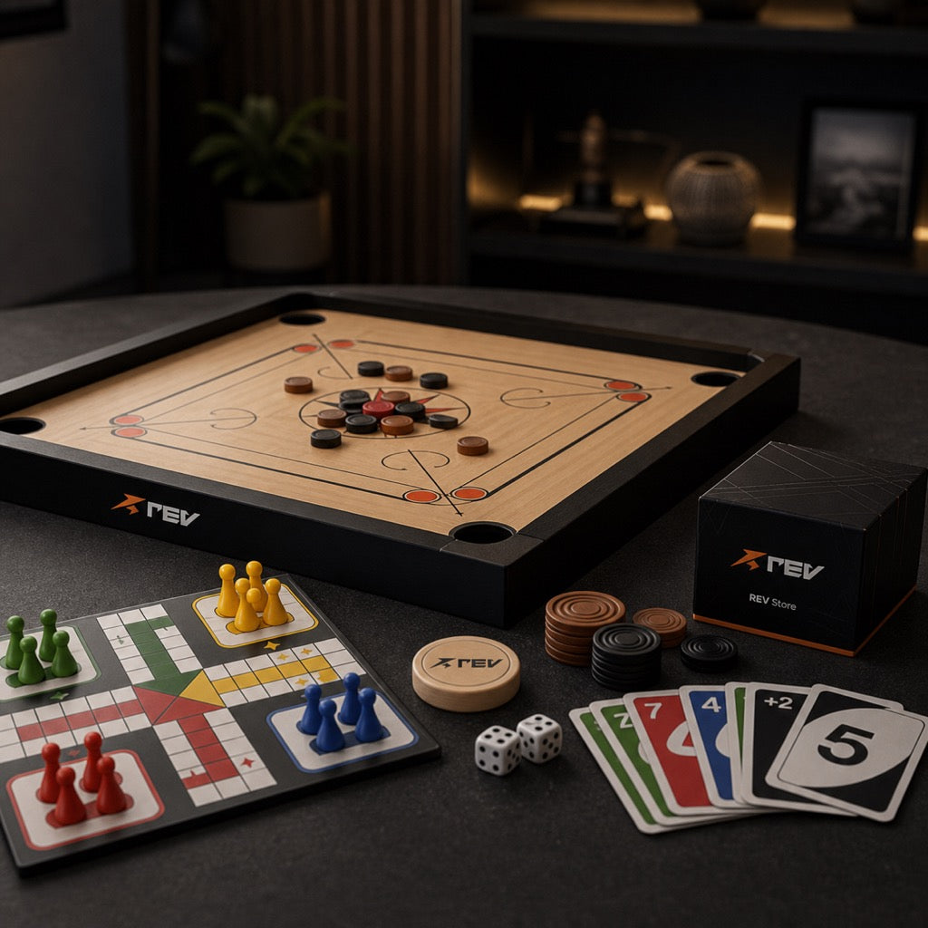 Carrom board and chess set on a walnut table — REV Store Indoor Games collection