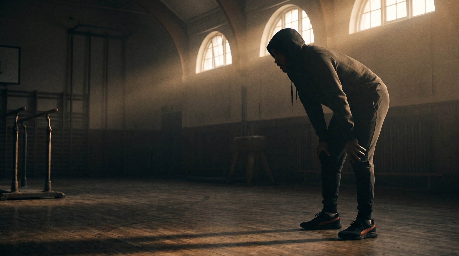 Athlete catching breath in a dim training hall at dawn - RISE WITH REV campaign
